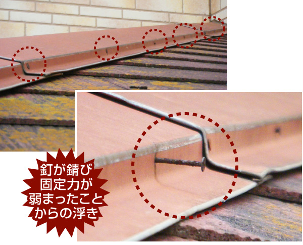 釘が錆び固定力が弱まったことからの浮き