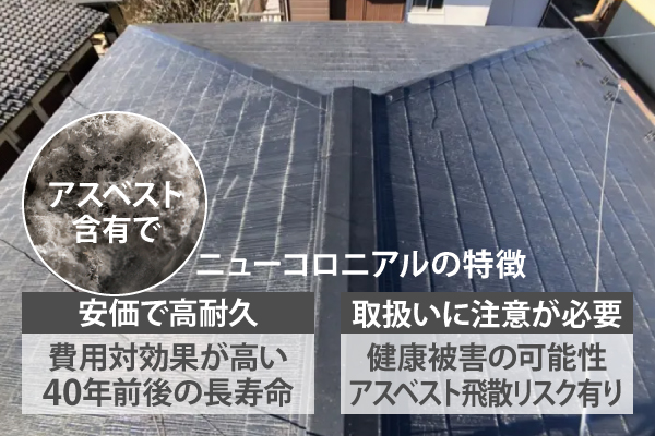 ニューコロニアルは安価で高耐久ですが、健康被害の可能性、アスベスト飛散リスクなど取扱いに注意が必要です