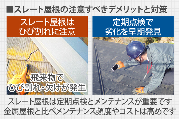 スレート屋根は定期点検とメンテナンスが重要です金属屋根と比べメンテナンス頻度やコストは高めです